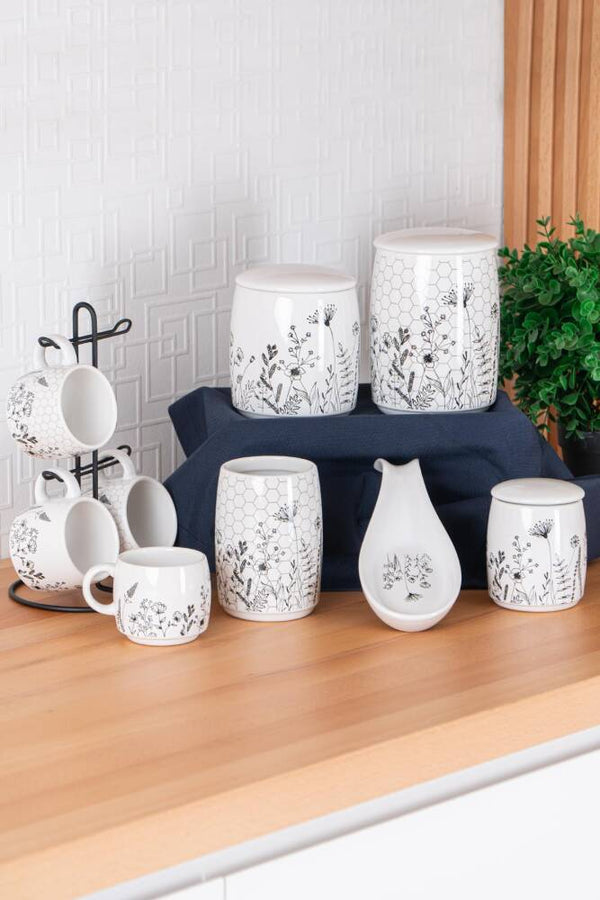 ACAR BLOOM Set complet 4 mugs avec support, 3 pots de conservation, 1 porte-cuillère, 1 porte-ustensiles