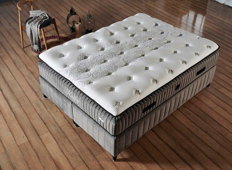 FLUFFY Lit coffre, Tête de lit et Matelas Gris orthopédique à système de ressort ensaché - Bella Home