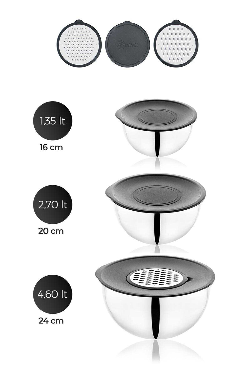 ACAR KARAT Lot de 3 Bols mélangeurs 9 pièces avec couvercles et râpes 24-20-16 cm