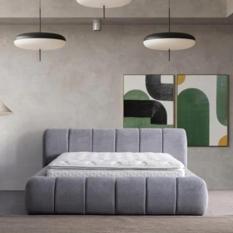 BUBBLE Matelas, Lit coffre et Tête de lit en tissu velours texturé - Gris