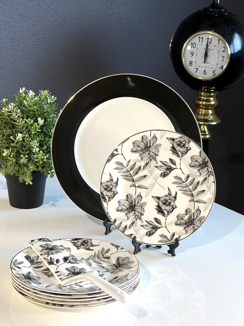 ZELLERFELD Set Assiettes à dessert noir blanc fleuris 8 pièces