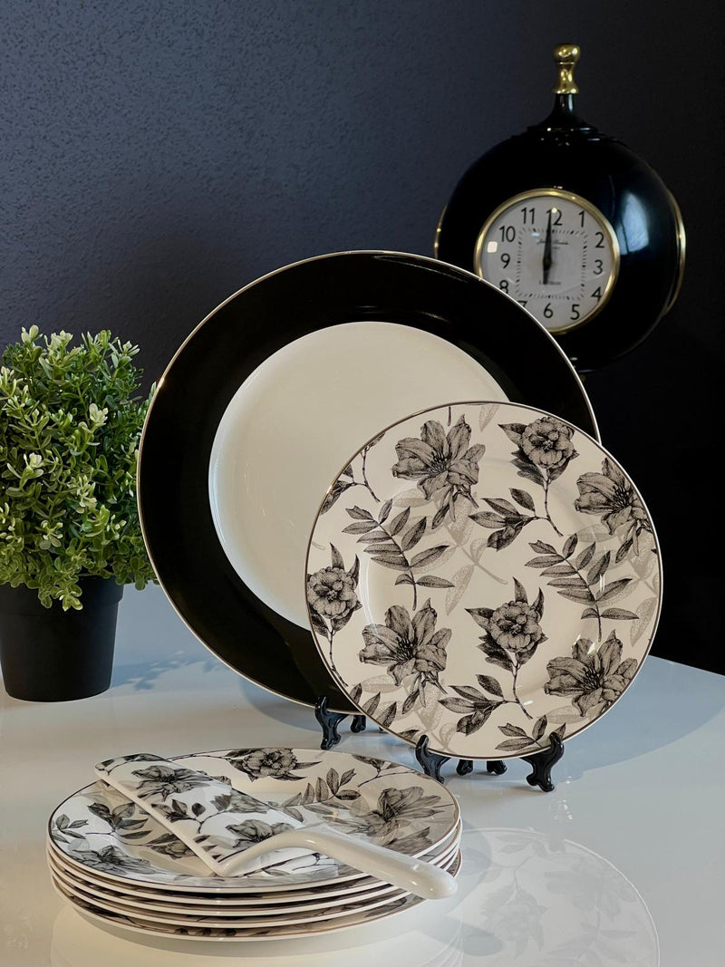 ZELLERFELD Set Assiettes à dessert noir blanc fleuris 8 pièces