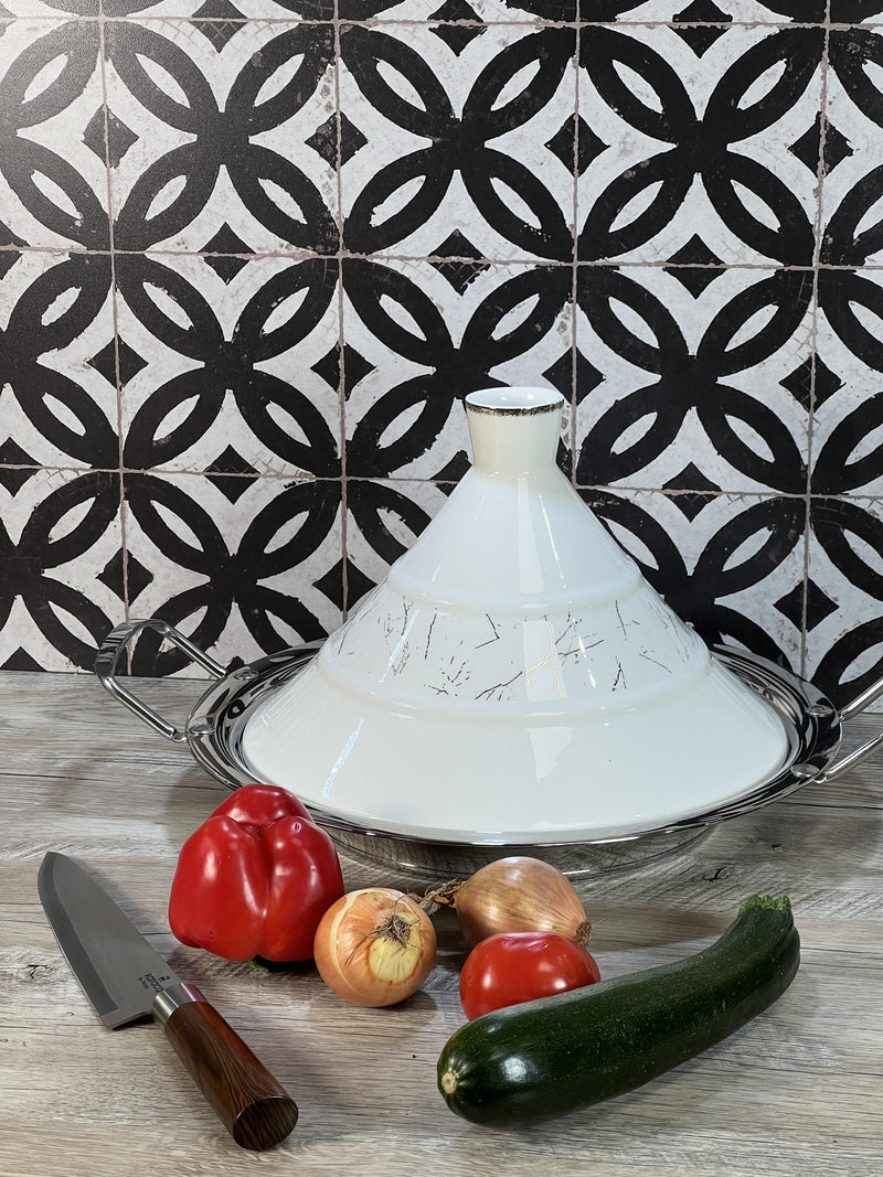 TREND HOME COLLECTION Tajine en céramique et acier motif marbré doré - 6 personnes - Bella Home