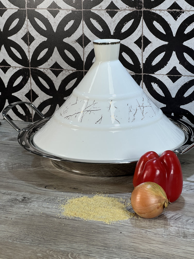 TREND HOME COLLECTION Tajine en céramique et acier motif marbré doré - 6 personnes - Bella Home