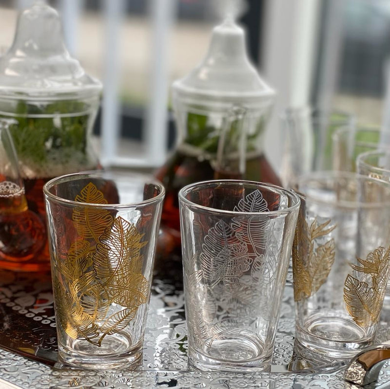 Bella Home Lot de 6 verres à thé motifs feuille dorée 6'lı altın varaklı çay bardağı seti