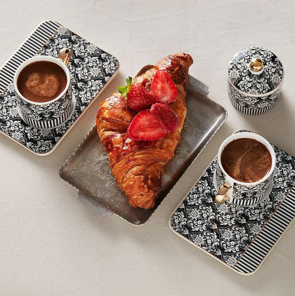 KARACA QUEEN Set de 2 Tasses à café avec soucoupes et petit sucrier en porcelaine noir