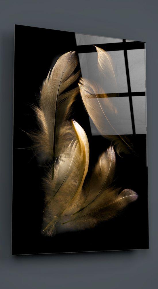 Tableau en verre - Plumes beiges tombantes