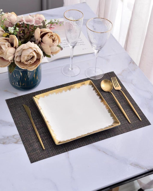 TREND HOME Assiette de service carré en porcelaine blanc/doré 25x25 cm