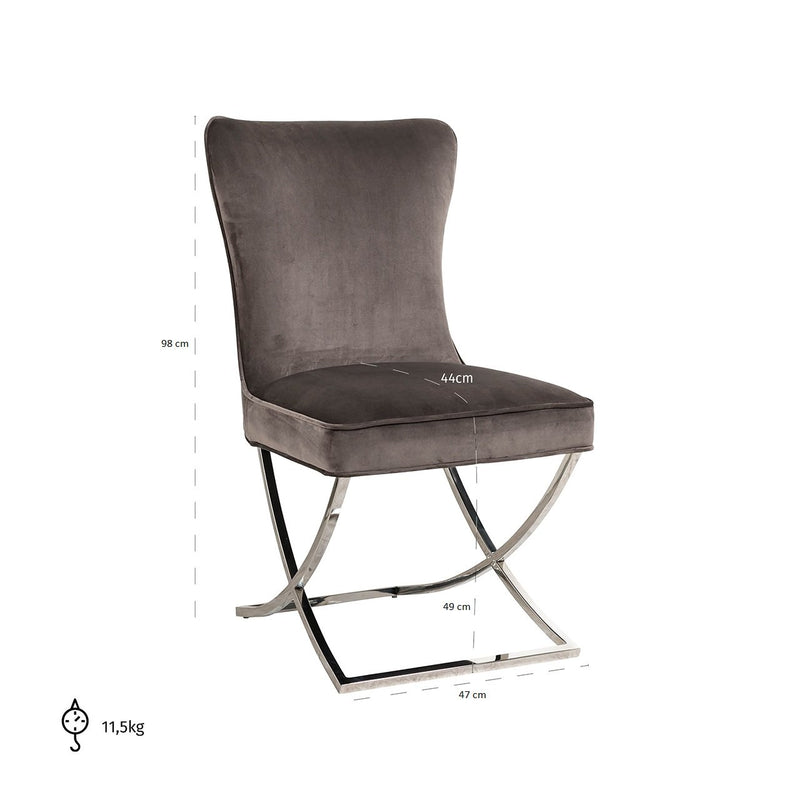 Chaise design moderne dossier capitonné en velours gris foncé avec piètement en acier inoxydable collection Scarlette avec un confort parfait - Mutfak yemek odası salon sandalyesi koyu gri kumaş kadife gümüş metal ayak