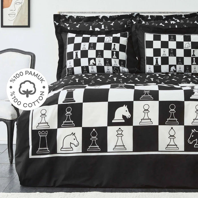 KARACA HOME CHESS  Parure de lit 100% coton 2 personnes Noir - Bella Home