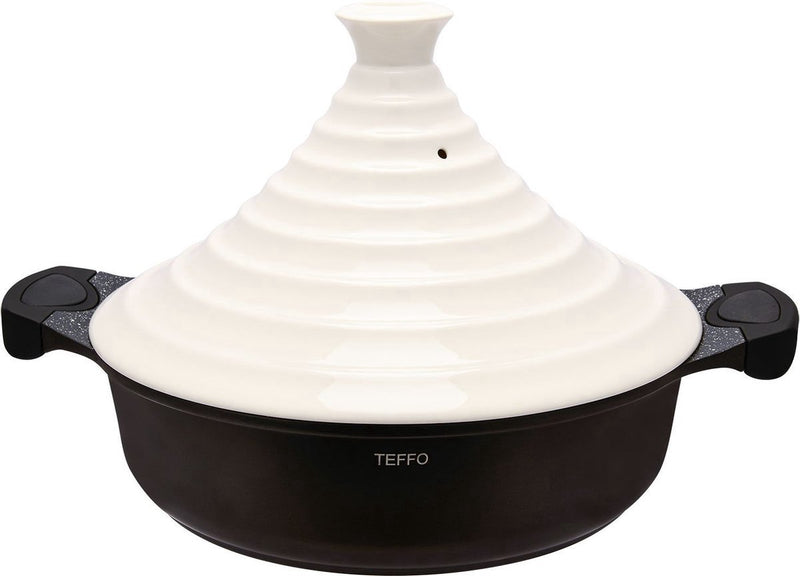 TEFFO LUXE Tajine en céramique et aluminium - Induction 28 cm noir blanc rouge TEFFO LÜKS Seramik ve alüminyum tagine - İndüksiyon 28 cm siyah beyaz kırmızı TEFFO LUXE Tajine aus Keramik und Aluminium - Induktion 28 cm schwarz weiß rot